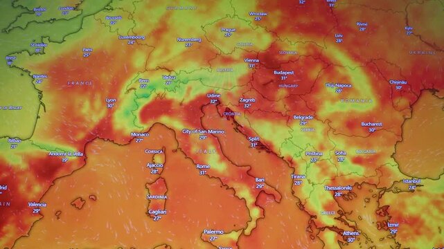 Colorful weather display showing heat and temperature data across Europe, the Mediterranean, Italy, the Balkans and Central Europe, recorded from a computer screen with visible pixels.