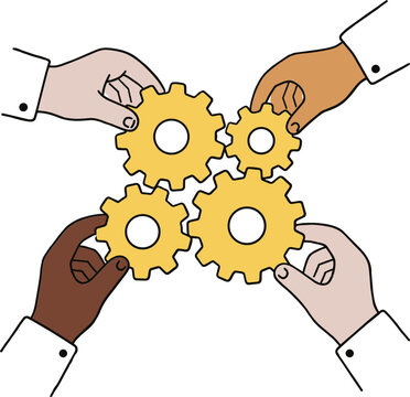 Naive Hand-Drawn Doodle of Diverse Hands turning Interlocking Gear Whe