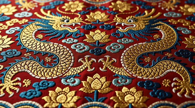 Close view of rich red silk textile art. Golden dragons and lotus flowers embroidered on fabric. Blue clouds drift between ornate motifs. Traditional Chinese pattern detail.