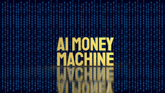 Gold AI Money Machine with Digital Binary Background 3d render.