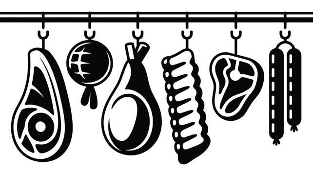 Butcher shop meat cuts silhouette collection illustration set, generic hanging meat display for restaurant menu designs.