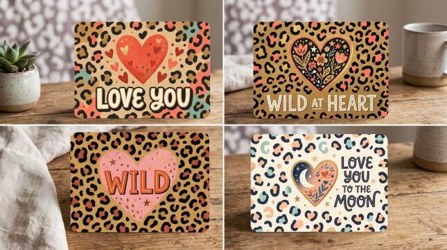 Leopard print heart greeting cards with romantic typography.
