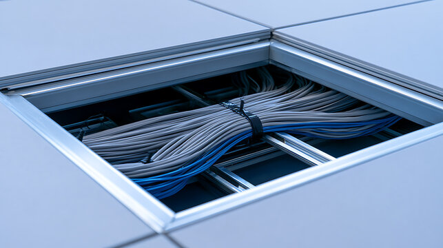 Bundled gray and blue cables fill an open access floor panel, revealing organized infrastructure for modern connectivity and technology
