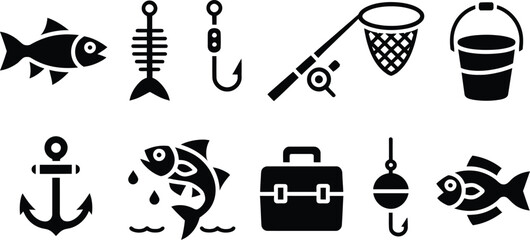 Fishing equipment icons illustration set, generic rods hooks nets buckets anchors compass and tackle box symbols. © Nicholas