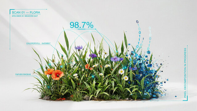 Futuristic digital scanning of wild flowers and green grass patch