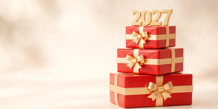 Christmas gift boxes stacked with golden 2027 numbers on top, luxury holiday presents with gold ribbons, new year celebration concept, winter festival surprise, decorative greeting card copy space.