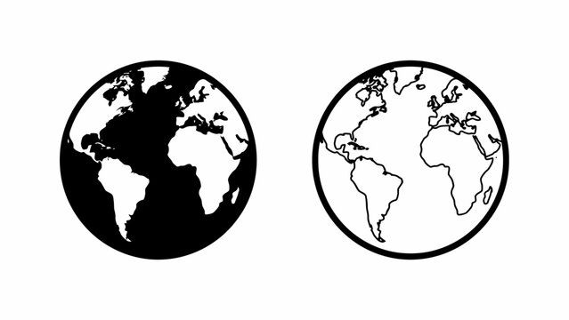 Two globe one solid black silhouette and one white outline on isolated on transparent background png