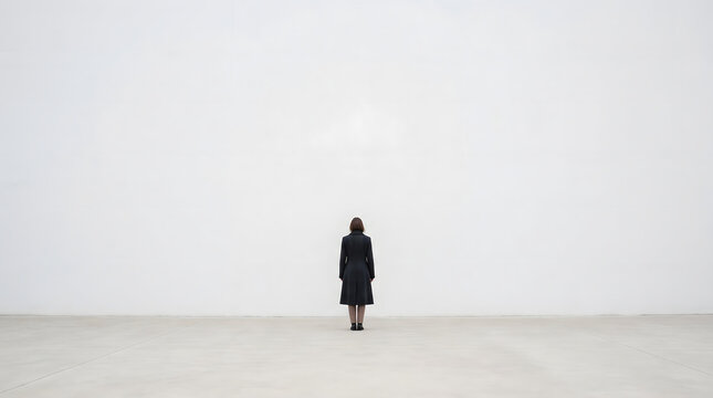 Rear view of lonely woman facing empty wall feeling hopeless overwhelmed by anxiety depression and social phobia
