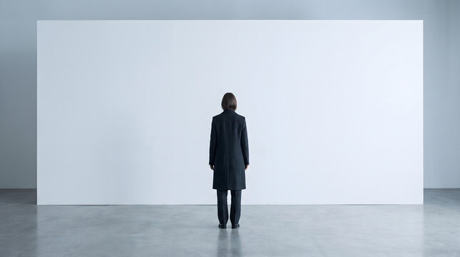 Solitary woman standing in front of large white wall experiencing anxiety attack depression and emotional distress