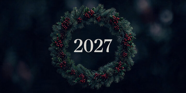New Year 2027 celebration title with elegant winter christmas wreath, green pine branches, red holly berries, festive holiday decoration banner, new year, christmas, winter, wreath, 2027, holiday.