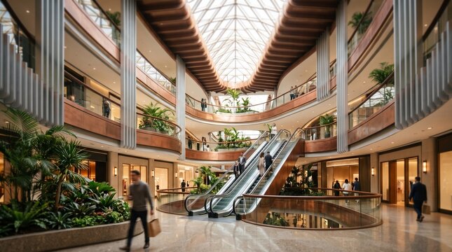 Sunlit shopping-center atrium with a soaring multi-story void, brushed silver fins, curved copper balustrades, and bronze ceiling ribs above a polished stone floor; tropical plants, skylight panels