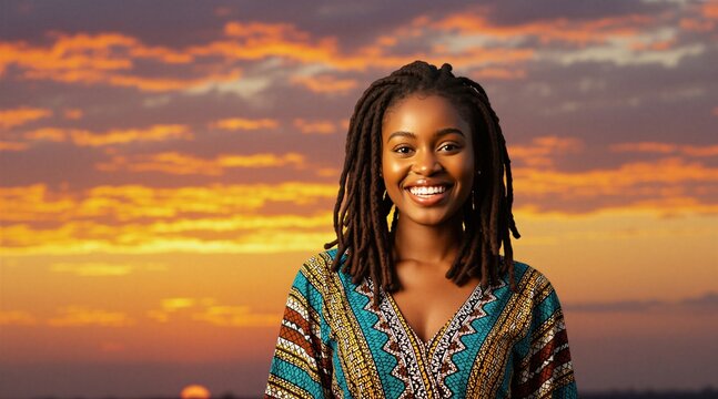 Young African woman smiles warmly outdoors at sunset. Her locs frame her face against colorful sky. She wears a vibrant patterned dress, embodying joy and natural beauty.