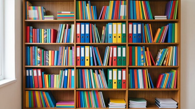 Full wooden bookshelf with colorful books and binders
