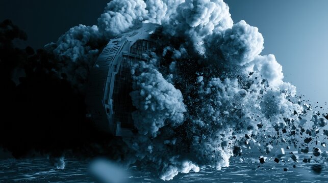 Cloud server is collapsing and pulling digital objects into a void in a dark tech setting. The atmosphere is cool with shades of blue and black.
