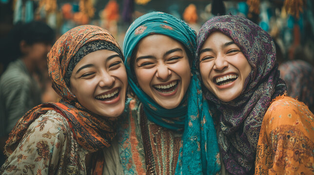 Three young Muslim women laughing, wearing hijabs, authentic friendship, multi-ethnic friends, traditional clothing, lifestyle portrait, cheerful group, happiness, sisterhood. frie