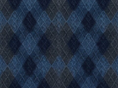 Seamless argyle pattern with cable knit texture in shades of blue and dark grey