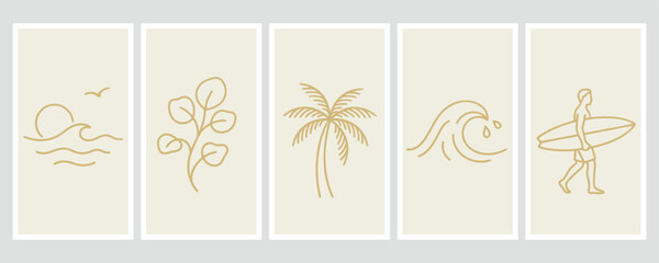 Set of minimalist line art beach posters, aesthetic coastal wall art, tropical summer icons with sun, ocean wave, palm tree, eucalyptus branch and surfer with surfboard for poster vector illustration © Marjahan