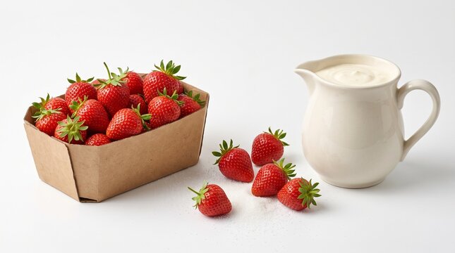 Fresh Strawberries in Punnet with Cream Pitcher on White Background