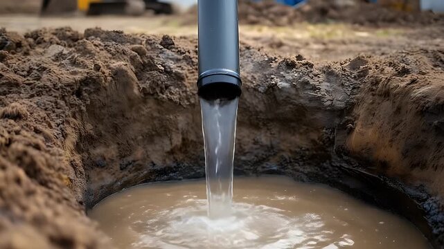 Fresh water pouring from a black plastic pipe into a muddy hole in the ground at a construction site indicating water drainage or environmental waste management work