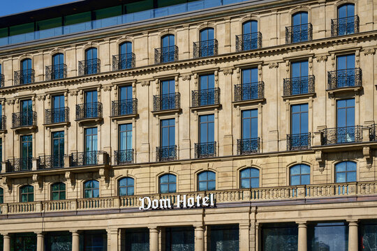 Cologne, Germany June 22 2026: Close-up of the elegant neobaroque facade and French balconies of the famous Dom Hotel at Roncalliplatz in Cologne on a sunny summer day