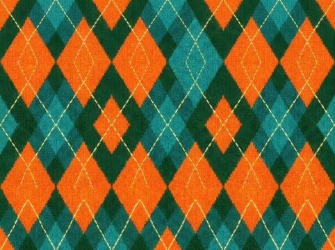 Vibrant orange, dark green, and teal argyle knit fabric pattern with dashed lines
