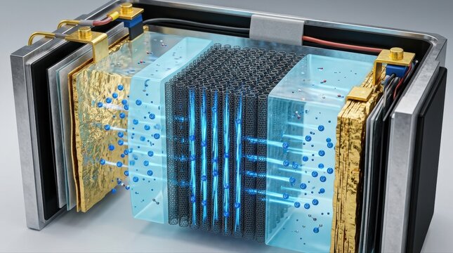 Scientific 3D render of a carbon nanotube membrane inside a battery cell, with lithium ions streaming through aligned nanopores, translucent electrolyte layers, and gold electrode sheets.