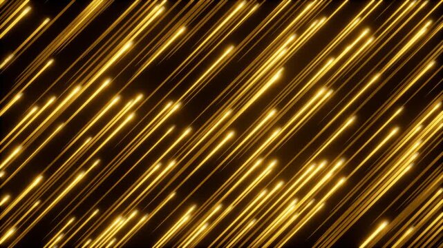 Diagonal golden light streaks with glowing tapered tips creating dense abstract motion pattern on dark background for modern energy design and premium dynamic visuals, looped video, 3d rendering