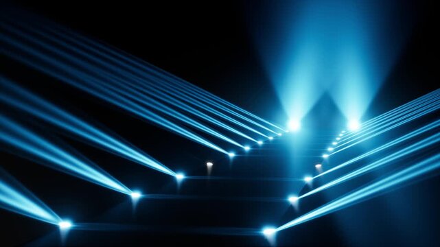 Futuristic dark podium converging into central triangular glow over glossy stage with reflective floor, 3d rendering