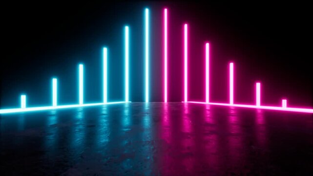 Symmetrical neon light pillars glowing on a dark reflective surface, looped video, 3d rendering