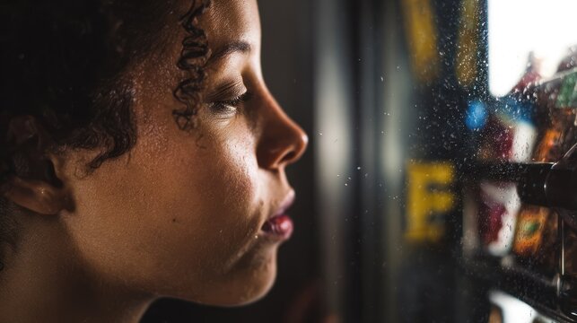 Woman gazing at a shop window with blurred objects and reflections