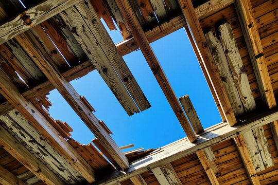 Damaged wood ceiling shows bright blue sky through broken planks. Weathered timber beams reveal decay and disrepair in an old structure. Natural light enters through an opening.