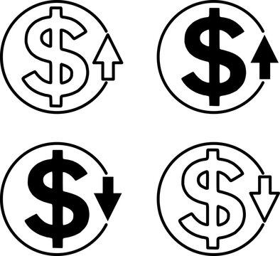 Dollar currency icon set indicating dynamic market value fluctuations, US money exchange rate rising and falling, black and white financial stock symbols