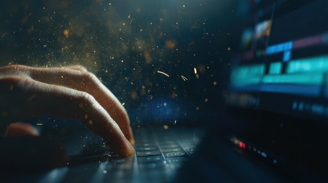 Close up of hands typing on a laptop keyboard with glowing particles