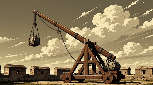 Ancient wooden catapult on castle wall aims stone projectile at cloudy sky. Medieval siege weapon ready for battle. Fortification defense artwork. Trebuchet machine.