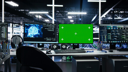 Fototapeta premium Chroma key workstations in data infrastructure center supporting AI training workflows and automation of equipment systems.