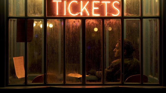 Man waits in a ticket booth on a rainy night