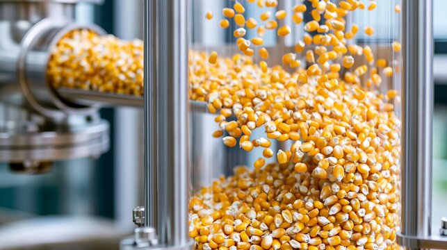 Close-up of corn kernels falling in a clear industrial processing tube