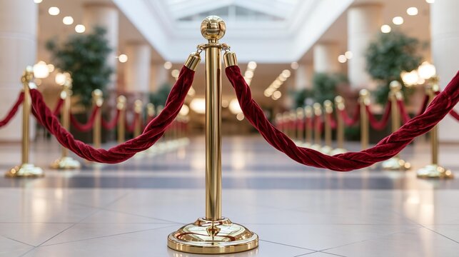 Velvet rope barrier stanchions guide guests in a wide hallway. Polished gold poles and red ropes create a formal pathway entrance. Exclusive event access and VIP crowd control concept