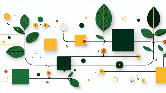 abstract infographic design with green leaves and geometric nodes connected by lines representing nature and technology fusion