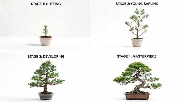 Bonsai tree growth stages, plant care, cutting to masterpiece development timeline, small sapling evolution in pot, gardening art, nature tutorial, bonsai, tree, growth, plant, care, gardening, art.