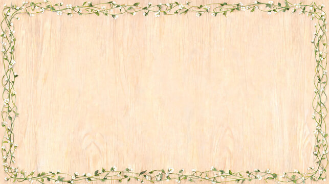 Frame, flower border, floral vine, rustic wood desk, white blossom, spring template, copy space, elegant card, flat lay.
