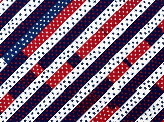 Fototapeta premium Patriotic fabric pattern with diagonal stripes of red, white, and blue featuring small stars