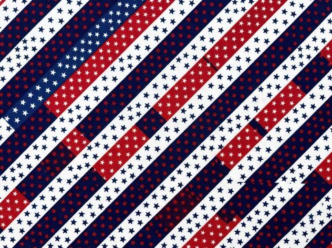 Patriotic fabric pattern with diagonal stripes of red, white, and blue featuring small stars