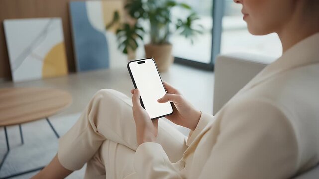 Young professional woman sitting comfortably while holding a sleek smartphone with a blank white screen display for custom branding and mockup design in a bright office