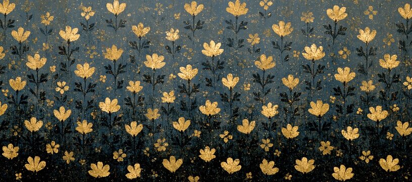 golden and navy floral pattern in wide format