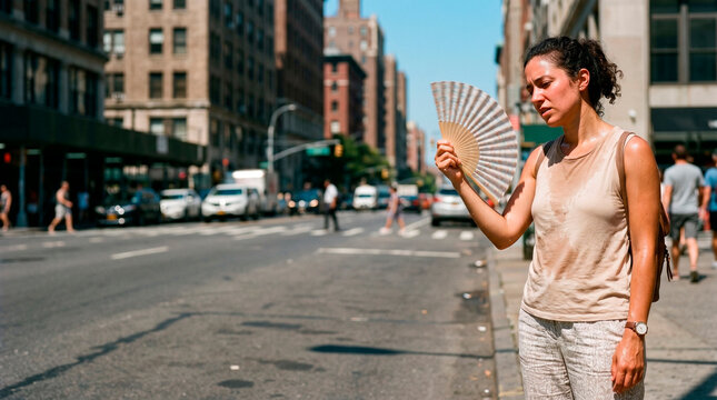 Woman cooling herself with a hand fan on a hot summer day in the city. Concept of extreme heatwave, dehydration and trying to stay comfortable in high temperatures outdoors.
