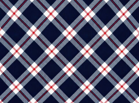Seamless diagonal plaid fabric pattern with dark blue, white, and red stripes