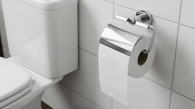 White toilet paper roll hanging on a modern metallic holder inside a bright contemporary tiled bathroom setting for daily hygiene and household cleaning supply needs