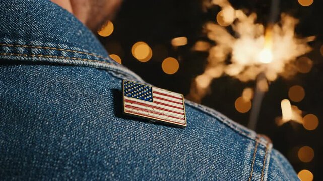 A man wears an American flag pin on his blue denim jacket. Blurred sparklers glow in the background as the patriotic accessory is displayed in a close-up shot