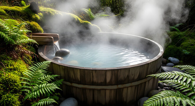 Steaming wooden hot tub outdoors surrounded by green ferns and moss. Traditional natural hot spring bath in a forest setting. Wellness and relaxation spa concept